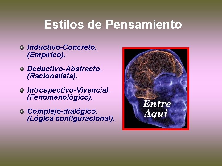 Estilos de Pensamiento Inductivo-Concreto. (Empírico). Deductivo-Abstracto. (Racionalista). Introspectivo-Vivencial. (Fenomenológico). Complejo-dialógico. (Lógica configuracional). Estilos de Pensamiento Inductivo-Concreto. (Empírico). Deductivo-Abstracto. (Racionalista). Introspectivo-Vivencial. (Fenomenológico). Complejo-dialógico. (Lógica configuracional).