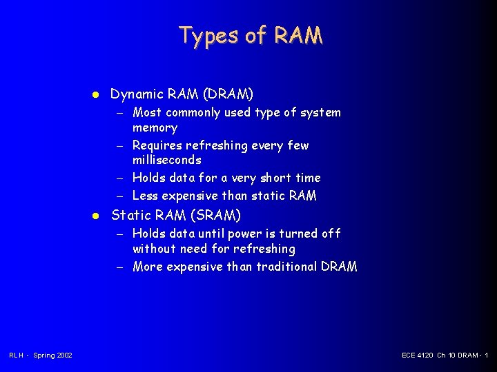 Types of RAM Dynamic RAM (DRAM) – Most commonly used type of system memory