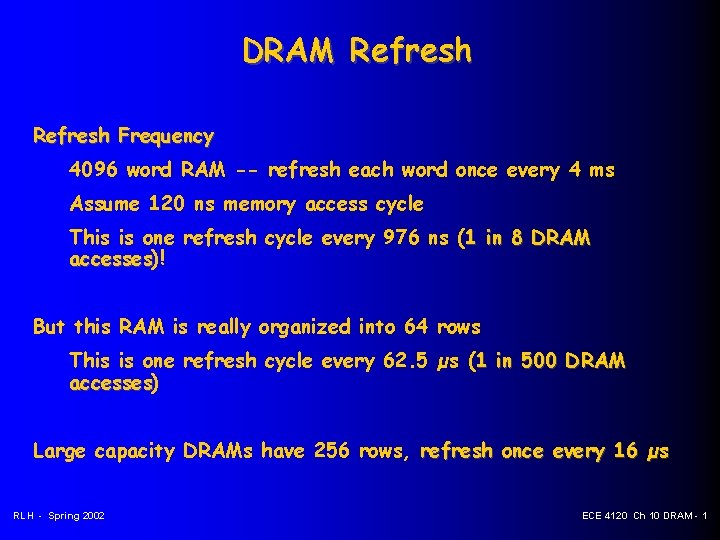 DRAM Refresh Frequency 4096 word RAM -- refresh each word once every 4 ms