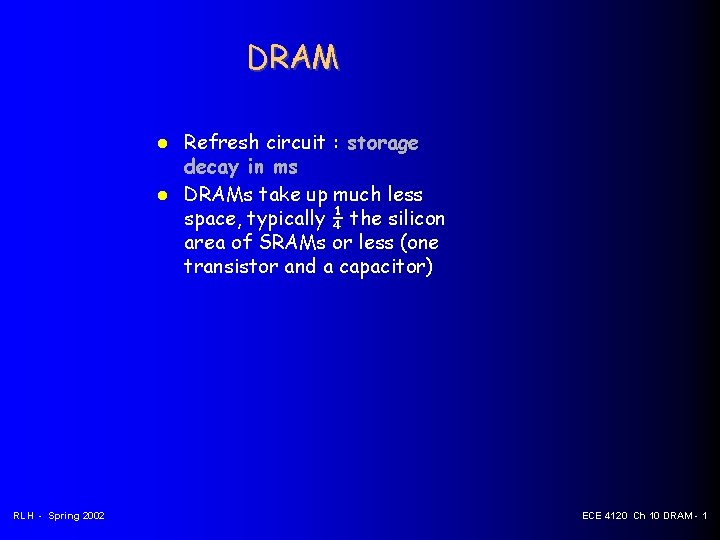 DRAM RLH - Spring 2002 Refresh circuit : storage decay in ms DRAMs take
