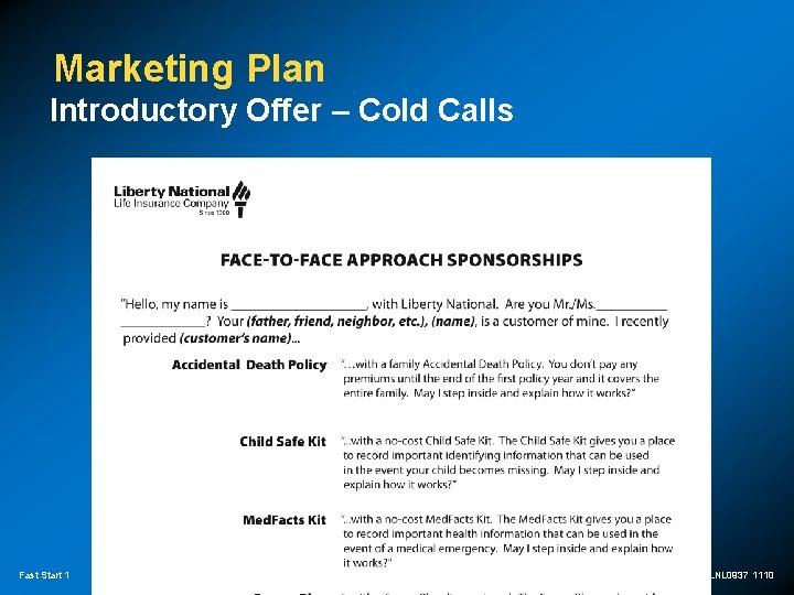 Marketing Plan Introductory Offer – Cold Calls Fast Start 1 LNL 0937 1110 