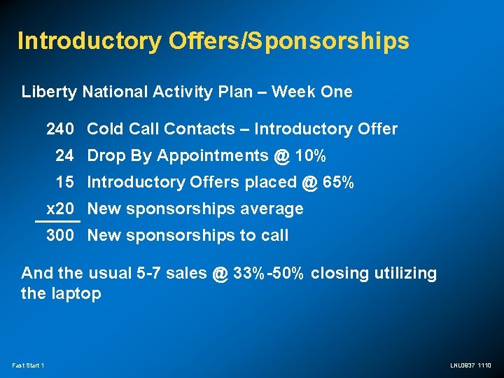 Introductory Offers/Sponsorships Liberty National Activity Plan – Week One 240 Cold Call Contacts –