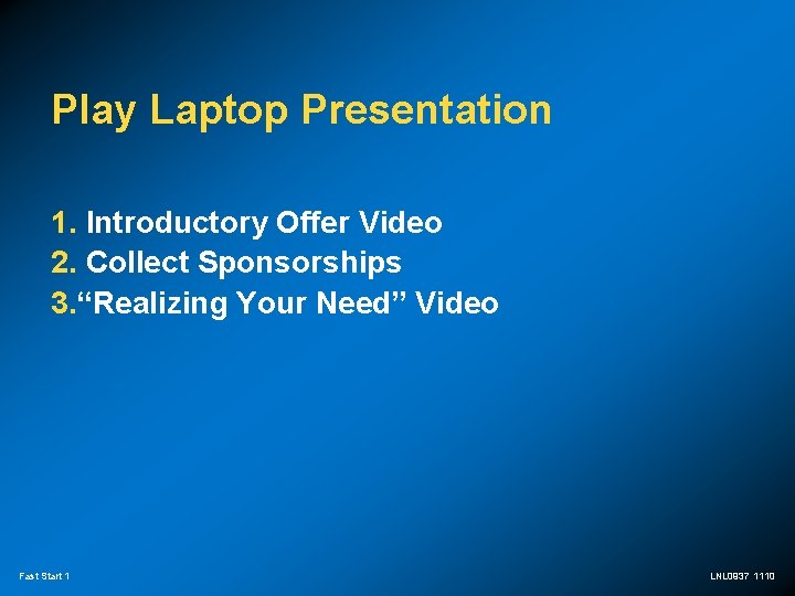 Play Laptop Presentation 1. Introductory Offer Video 2. Collect Sponsorships 3. “Realizing Your Need”