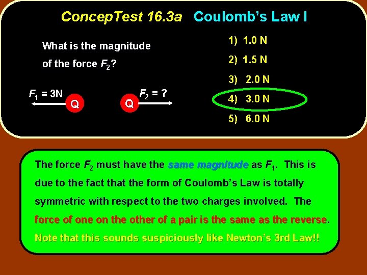 Concep. Test 16. 3 a Coulomb’s Law I What is the magnitude 1) 1.