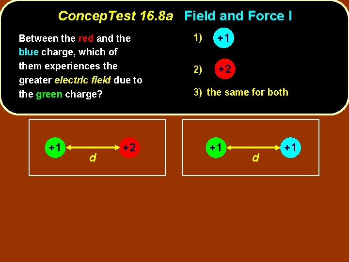 Concep. Test 16. 8 a Field and Force I Between the red and the