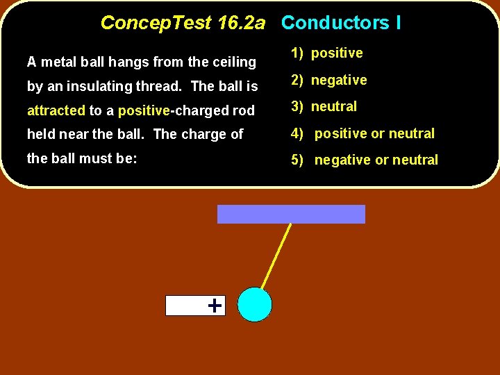 Concep. Test 16. 2 a Conductors I A metal ball hangs from the ceiling