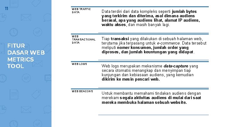 11 FITUR DASAR WEB METRICS TOOL WEB TRAFFIC DATA WEB TRANSACTIONAL DATA WEB LOGS