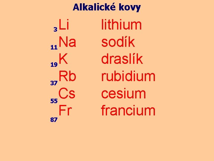 Alkalické kovy Li 11 Na 19 K Rb 37 Cs 55 Fr 87 3