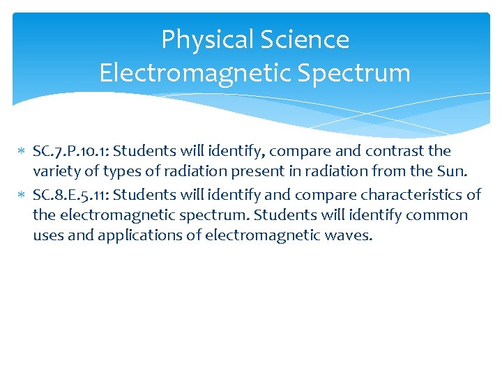 Physical Science Electromagnetic Spectrum SC. 7. P. 10. 1: Students will identify, compare and