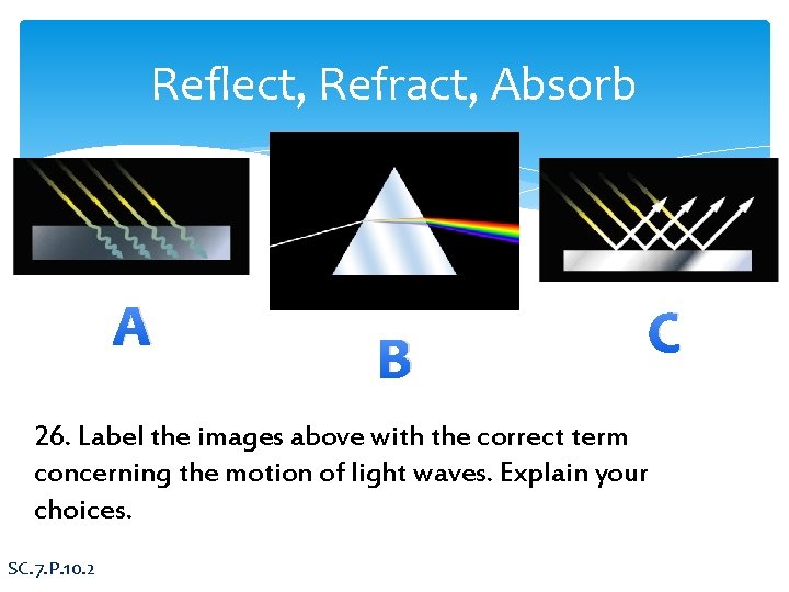 Reflect, Refract, Absorb A B 26. Label the images above with the correct term