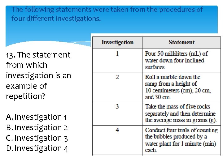 The following statements were taken from the procedures of four different investigations. 13. The