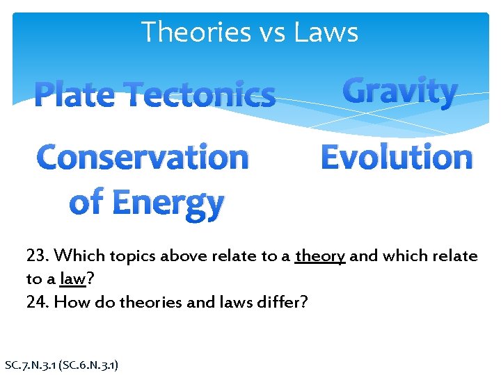 Theories vs Laws Plate Tectonics Conservation of Energy Gravity Evolution 23. Which topics above