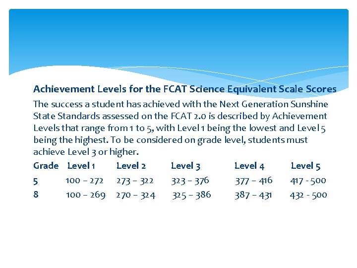 Achievement Levels for the FCAT Science Equivalent Scale Scores The success a student has