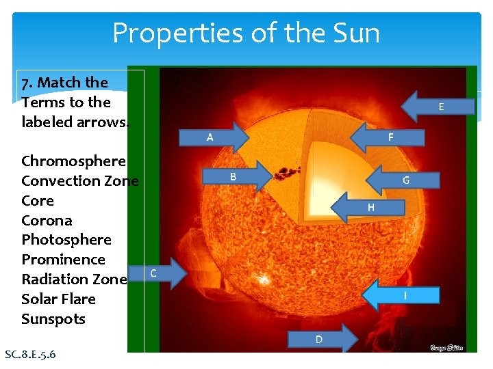 Properties of the Sun 7. Match the Terms to the labeled arrows. Chromosphere Convection