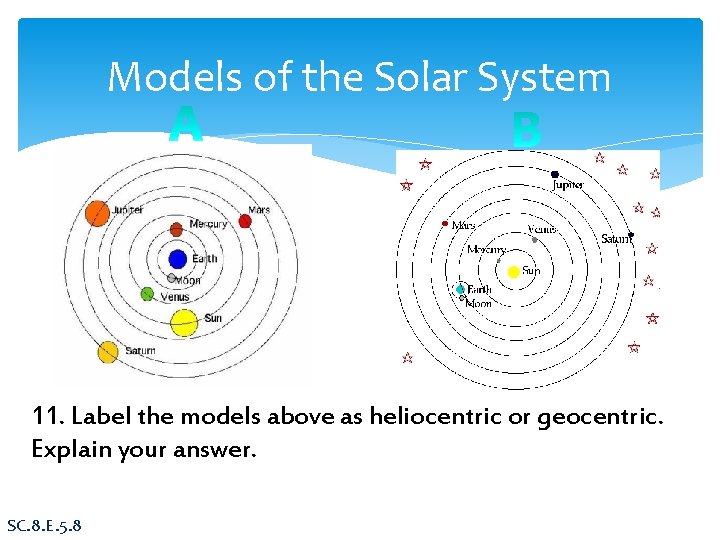 Models of the Solar System 11. Label the models above as heliocentric or geocentric.