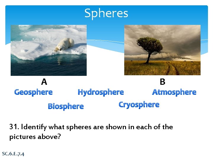 Spheres A Geosphere B Hydrosphere Atmosphere Cryosphere Biosphere 31. Identify what spheres are shown