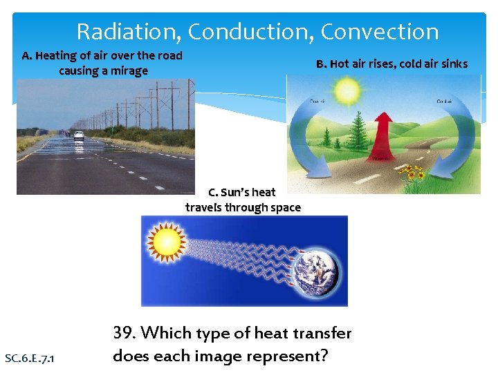 Radiation, Conduction, Convection A. Heating of air over the road causing a mirage B.