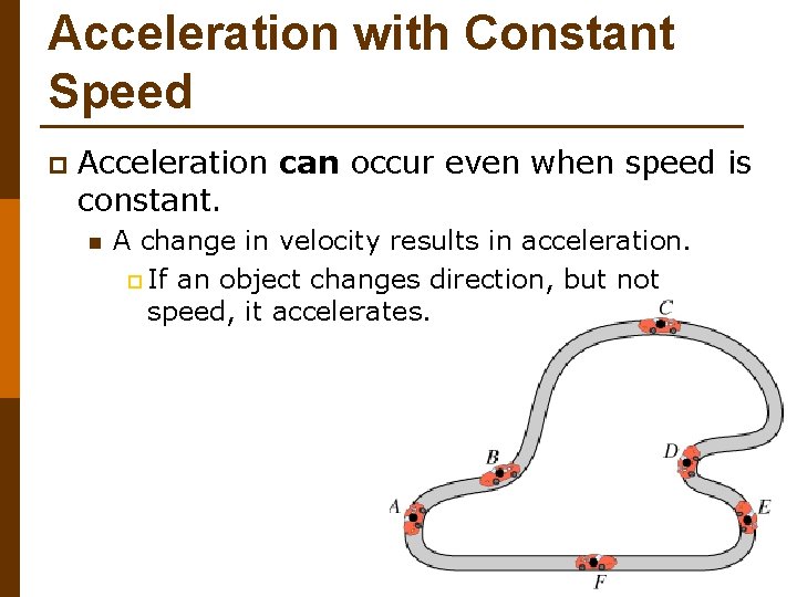 Acceleration with Constant Speed p Acceleration can occur even when speed is constant. n