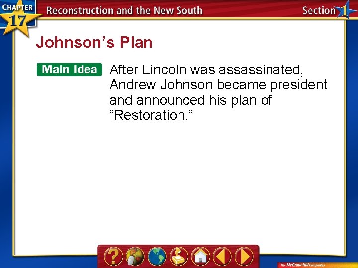 Johnson’s Plan After Lincoln was assassinated, Andrew Johnson became president and announced his plan