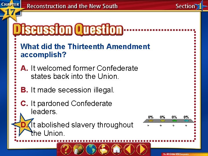 What did the Thirteenth Amendment accomplish? A. It welcomed former Confederate states back into