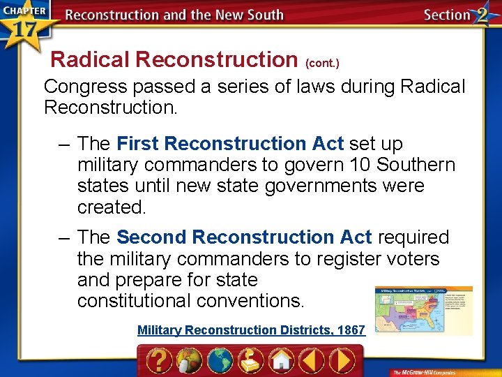 Radical Reconstruction (cont. ) Congress passed a series of laws during Radical Reconstruction. –