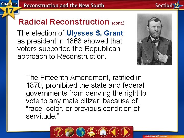 Radical Reconstruction (cont. ) The election of Ulysses S. Grant as president in 1868