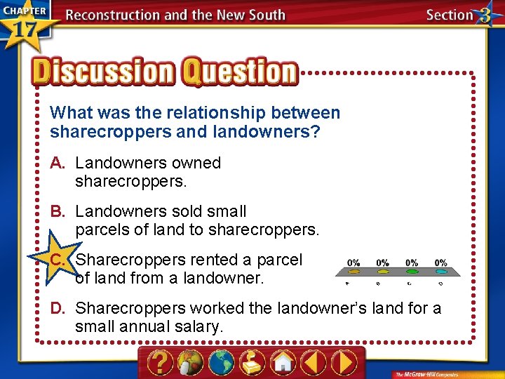 What was the relationship between sharecroppers and landowners? A. Landowners owned sharecroppers. B. Landowners