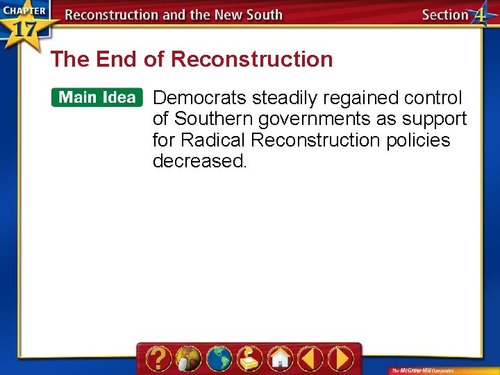 The End of Reconstruction Democrats steadily regained control of Southern governments as support for