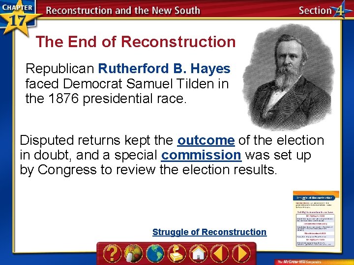 The End of Reconstruction (cont. ) Republican Rutherford B. Hayes faced Democrat Samuel Tilden