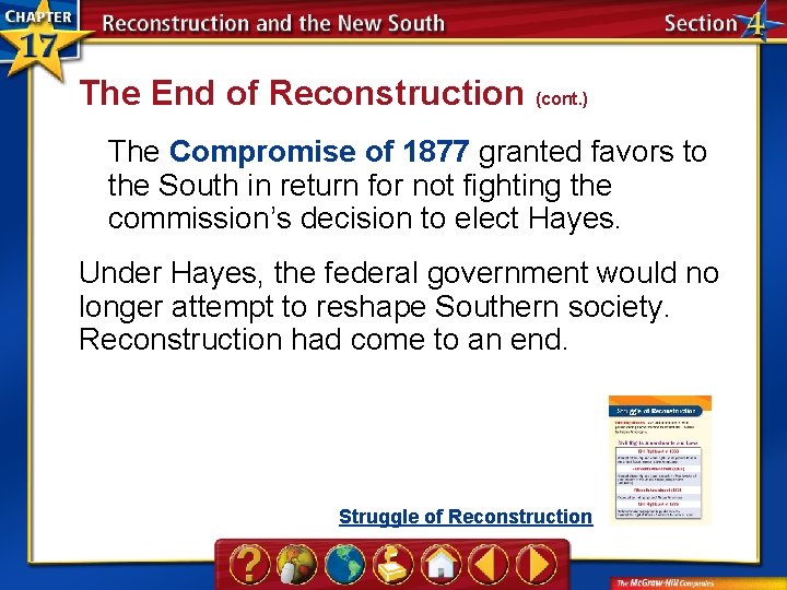 The End of Reconstruction (cont. ) The Compromise of 1877 granted favors to the