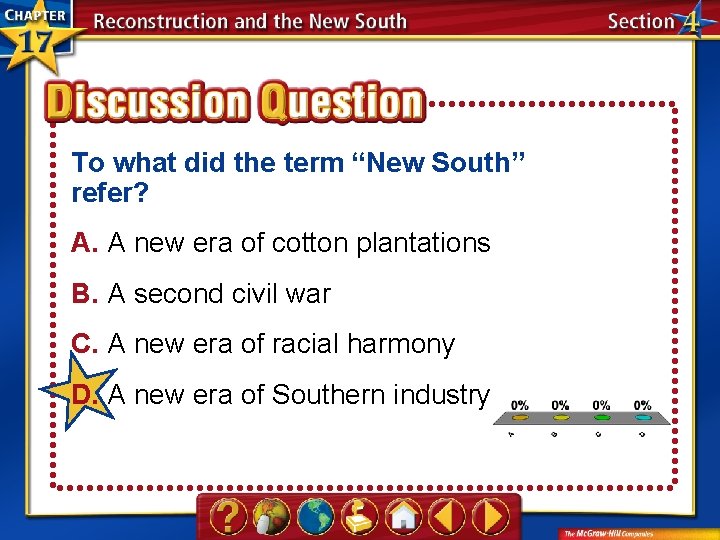 To what did the term “New South” refer? A. A new era of cotton