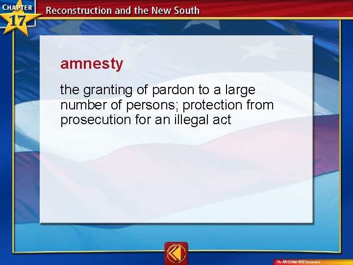 amnesty  the granting of pardon to a large number of persons; protection from prosecution