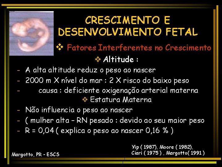 CRESCIMENTO E DESENVOLVIMENTO FETAL v Fatores Interferentes no Crescimento v Altitude : - A