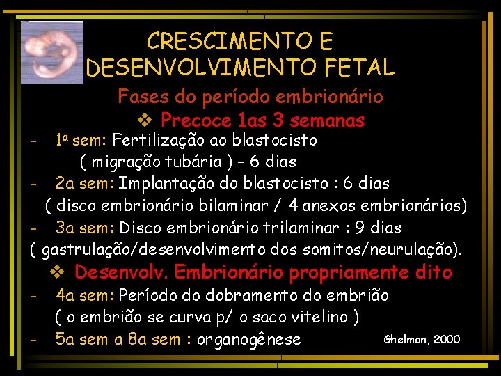 CRESCIMENTO E DESENVOLVIMENTO FETAL - Fases do período embrionário v Precoce 1 as 3