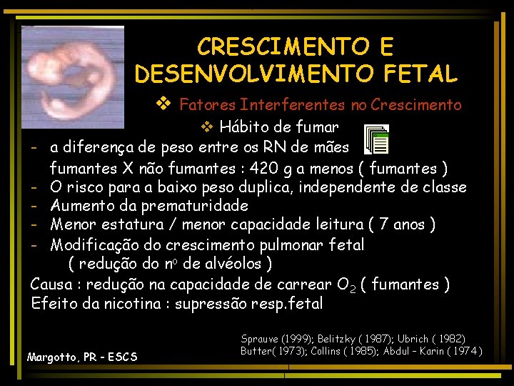 CRESCIMENTO E DESENVOLVIMENTO FETAL v Fatores Interferentes no Crescimento v Hábito de fumar -