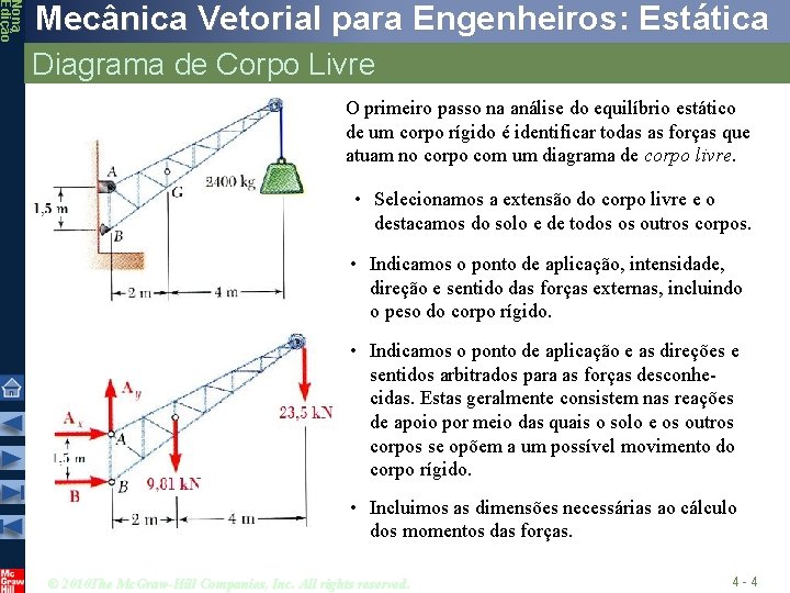 Nona Edição Mecânica Vetorial para Engenheiros: Estática Diagrama de Corpo Livre O primeiro passo