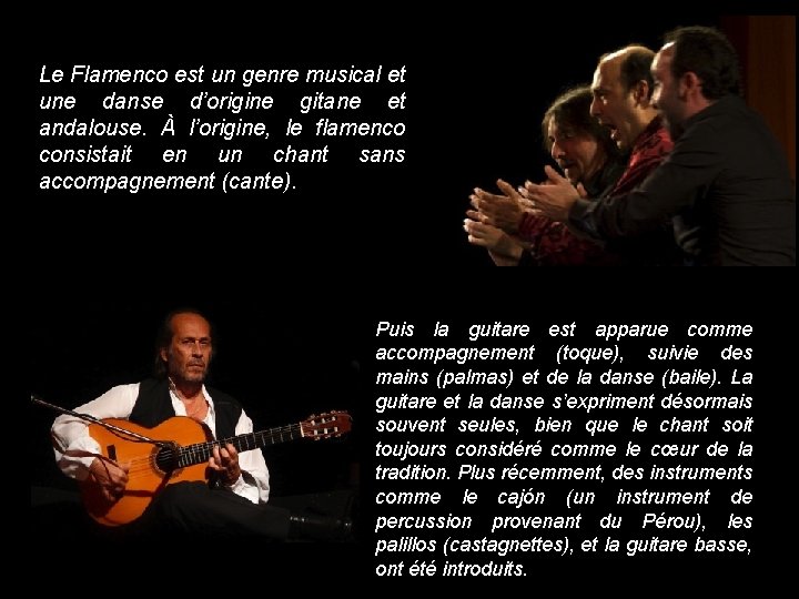 Le Flamenco est un genre musical et une danse d’origine gitane et andalouse. À