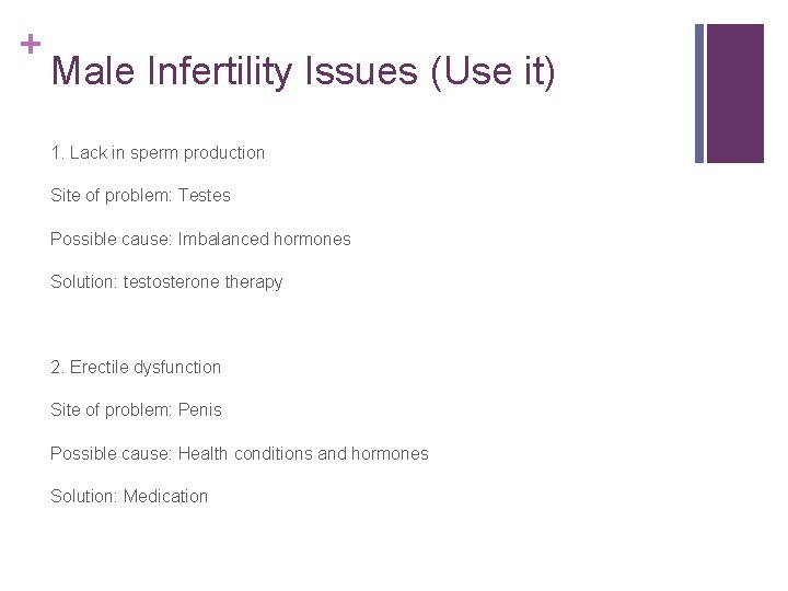 + Male Infertility Issues (Use it) 1. Lack in sperm production Site of problem: