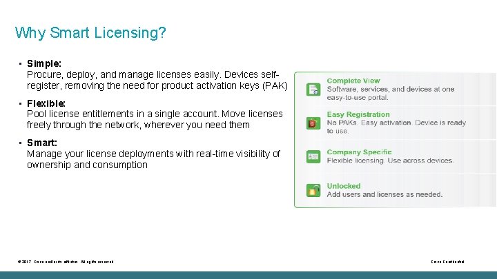 Why Smart Licensing? • Simple: Procure, deploy, and manage licenses easily. Devices selfregister, removing