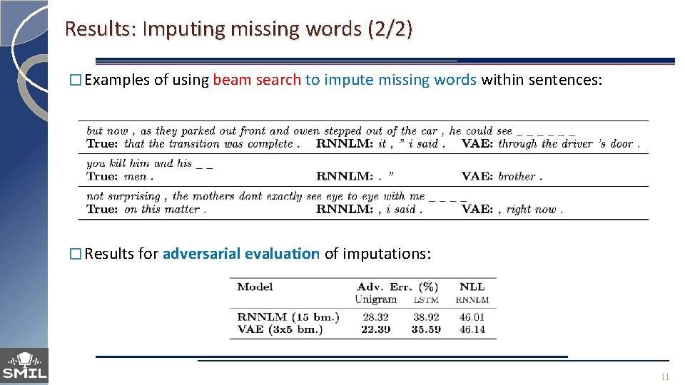 Results: Imputing missing words (2/2) � Examples of using beam search to impute missing