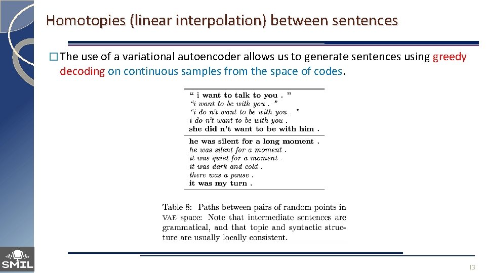 Homotopies (linear interpolation) between sentences � The use of a variational autoencoder allows us