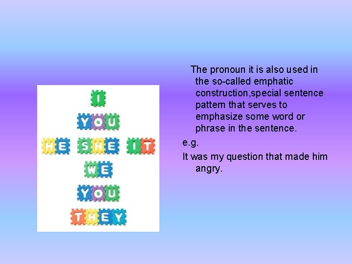 The pronoun it is also used in the so-called emphatic construction, special sentence pattern The pronoun it is also used in the so-called emphatic construction, special sentence pattern