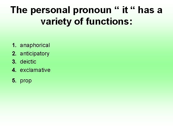 The personal pronoun “ it “ has a variety of functions: 1. 2. 3. The personal pronoun “ it “ has a variety of functions: 1. 2. 3.