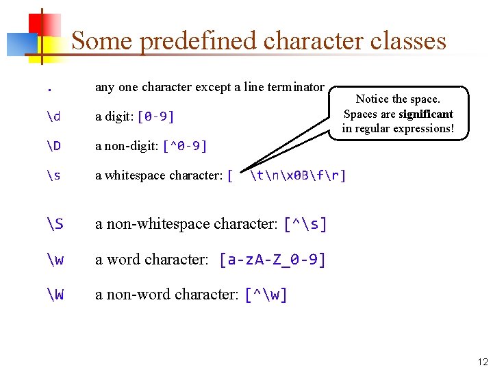 Some predefined character classes. any one character except a line terminator d a digit: