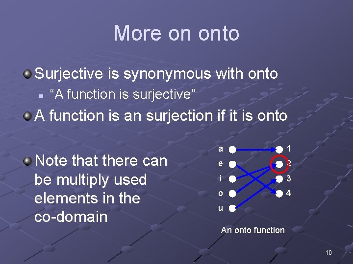 More on onto Surjective is synonymous with onto n “A function is surjective” A