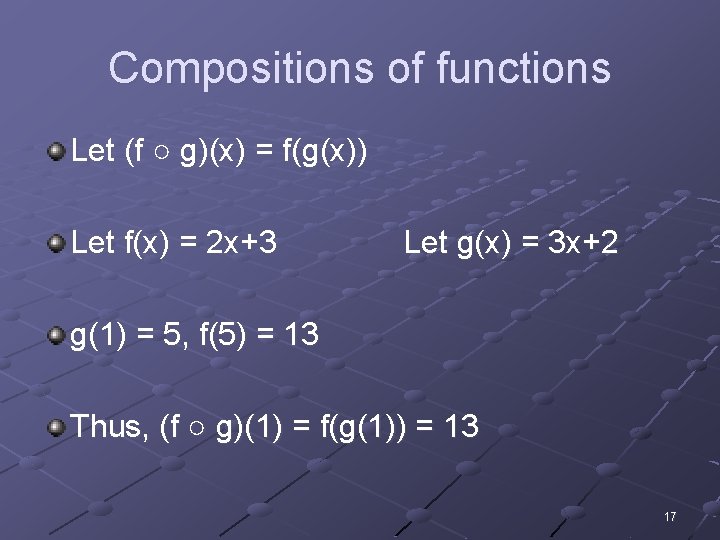 Compositions of functions Let (f ○ g)(x) = f(g(x)) Let f(x) = 2 x+3