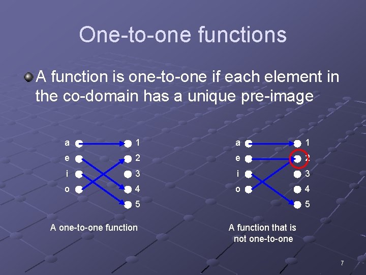 One-to-one functions A function is one-to-one if each element in the co-domain has a