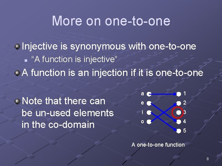 More on one-to-one Injective is synonymous with one-to-one n “A function is injective” A