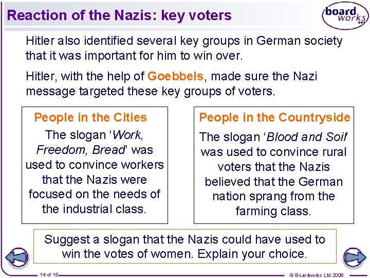 Reaction of the Nazis: key voters Hitler also identified several key groups in German