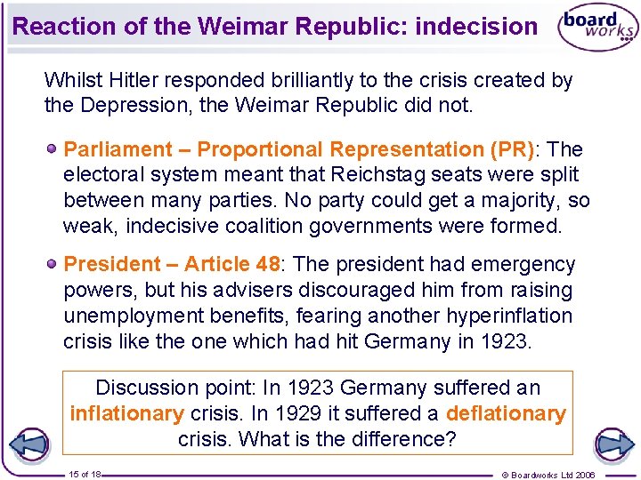 Reaction of the Weimar Republic: indecision Whilst Hitler responded brilliantly to the crisis created